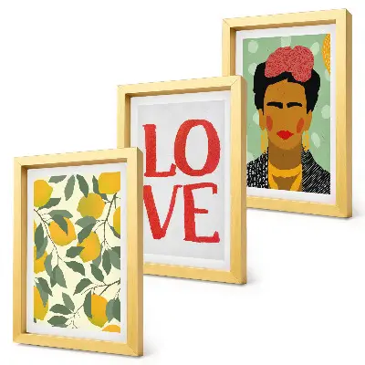 Triptych v ráme maľovaný portrét Fridy Kahlo s nápisom LOVE s motívom citrónov