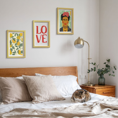 Triptych v ráme Citróny s nápisom LOVE, maľovaný portrét Fridy Kahlo