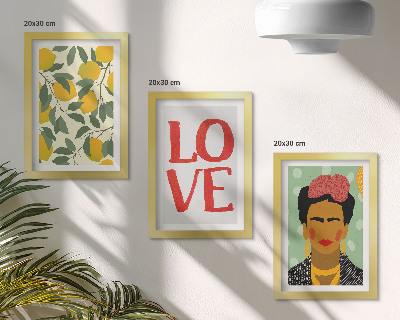 Triptych v ráme Citróny s nápisom LOVE, maľovaný portrét Fridy Kahlo