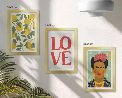 Triptych v ráme maľovaný portrét Fridy Kahlo s nápisom LOVE s motívom citrónov