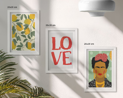 Triptych v ráme Citróny s nápisom LOVE, maľovaný portrét Fridy Kahlo