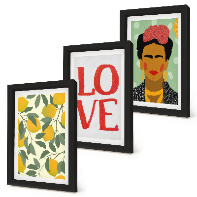 Triptych v ráme Citróny s nápisom LOVE, maľovaný portrét Fridy Kahlo