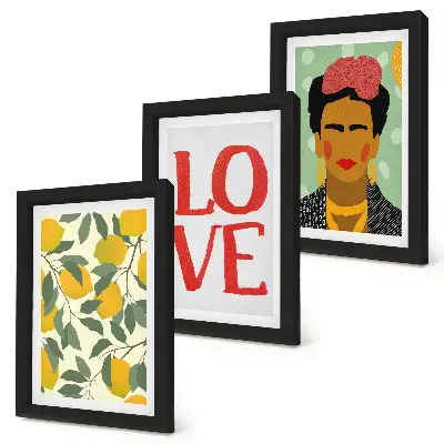 Triptych v ráme maľovaný portrét Fridy Kahlo s nápisom LOVE s motívom citrónov
