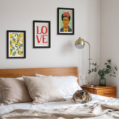 Triptych v ráme Citróny s nápisom LOVE, maľovaný portrét Fridy Kahlo