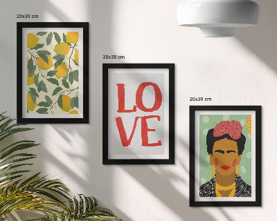 Triptych v ráme Citróny s nápisom LOVE, maľovaný portrét Fridy Kahlo