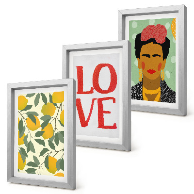 Triptych v ráme Citróny s nápisom LOVE, maľovaný portrét Fridy Kahlo