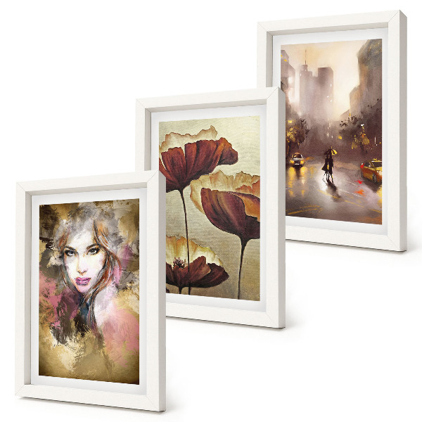 Triptych v ráme Abstraktný portrét ženy, kvety, mesto v daždi