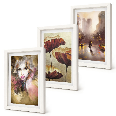 Triptych v ráme Abstraktný portrét ženy, kvety, mesto v daždi