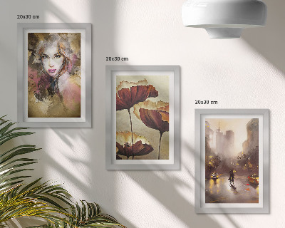 Triptych v ráme Abstraktný portrét ženy, kvety, mesto v daždi