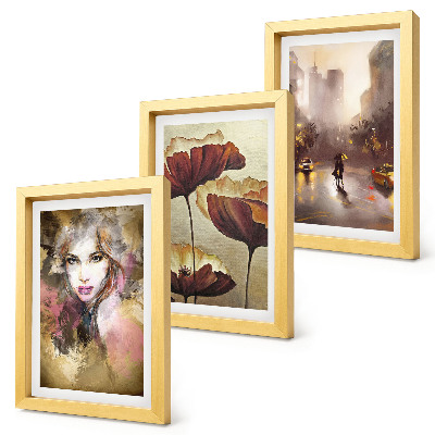 Triptych v ráme Abstraktný portrét ženy, kvety, mesto v daždi