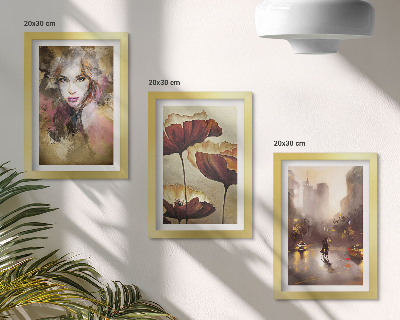 Triptych v ráme Abstraktný portrét ženy, kvety, mesto v daždi