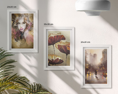 Triptych v ráme Abstraktný portrét ženy, kvety, mesto v daždi