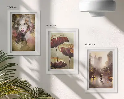 Abstraktný portrét ženy s kvetmi v meste v daždi triptych v ráme