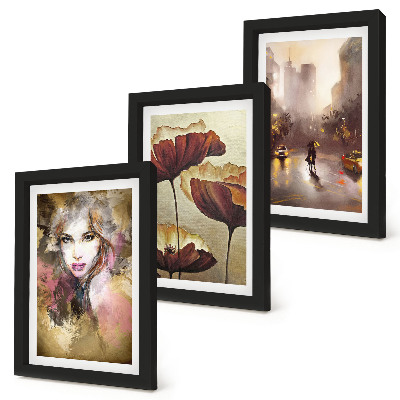 Triptych v ráme Abstraktný portrét ženy, kvety, mesto v daždi
