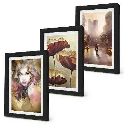 Abstraktný portrét ženy s kvetmi v meste v daždi triptych v ráme