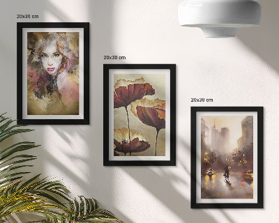 Triptych v ráme Abstraktný portrét ženy, kvety, mesto v daždi