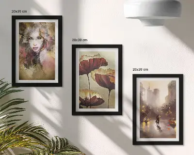 Abstraktný portrét ženy s kvetmi v meste v daždi triptych v ráme