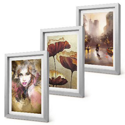 Triptych v ráme Abstraktný portrét ženy, kvety, mesto v daždi