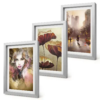 Abstraktný portrét ženy s kvetmi v meste v daždi triptych v ráme