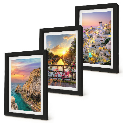 Triptych v ráme Výhľad na more so západom slnka a mestom