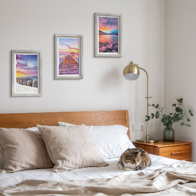 Triptych v ráme Zimná horská krajina s mólom na jazere