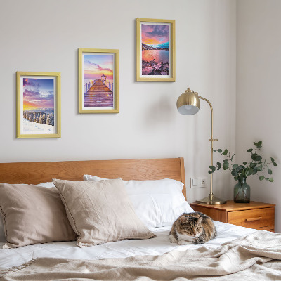Triptych v ráme Zimná horská krajina s mólom na jazere