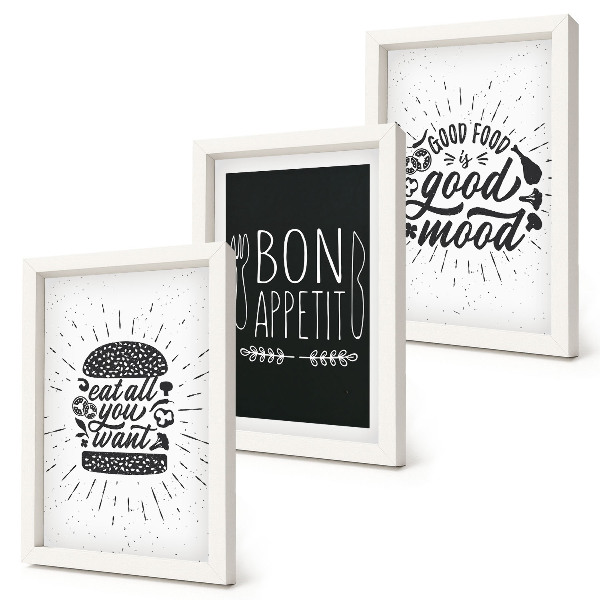 Triptych v ráme Grafika so sloganmi o jedle a kulinárstve