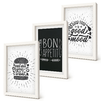 Triptych v ráme Grafika so sloganmi o jedle a kulinárstve