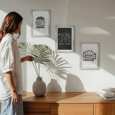 Triptych v ráme Grafika so sloganmi o jedle a kulinárstve
