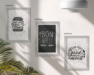 Triptych v ráme Grafika so sloganmi o jedle a kulinárstve