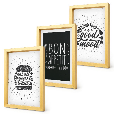 Triptych v ráme Grafika so sloganmi o jedle a kulinárstve