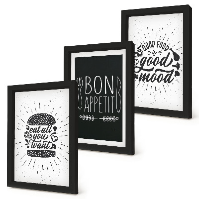 Triptych v ráme Grafika so sloganmi o jedle a kulinárstve
