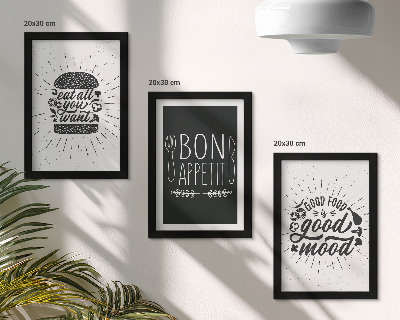 Triptych v ráme Grafika so sloganmi o jedle a kulinárstve