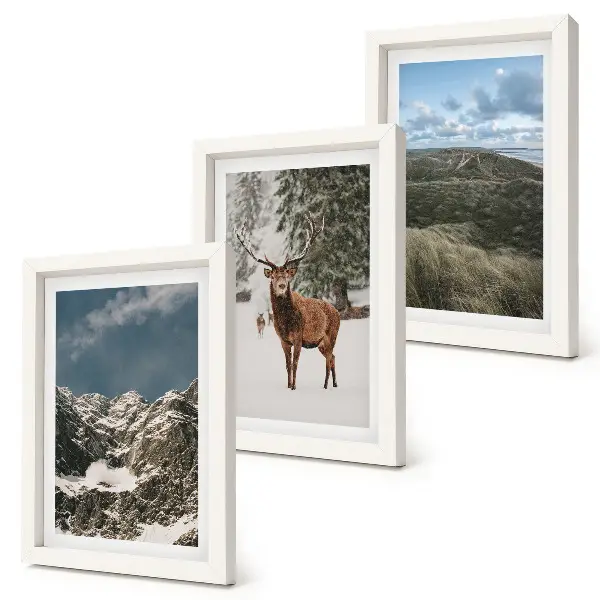 Triptych v ráme hory so snehom, jelene v lese a krajinky