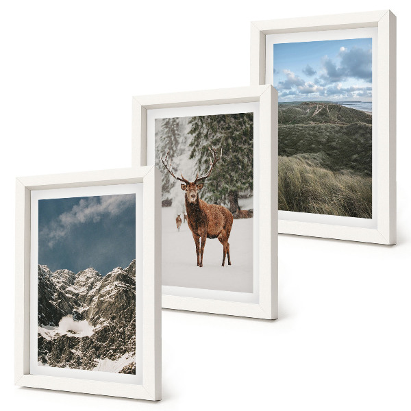 Triptych v ráme Hory so snehom, jelene v lese, krajinky
