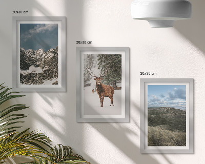 Triptych v ráme Hory so snehom, jelene v lese, krajinky