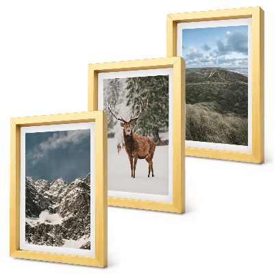 Triptych v ráme Hory so snehom, jelene v lese, krajinky