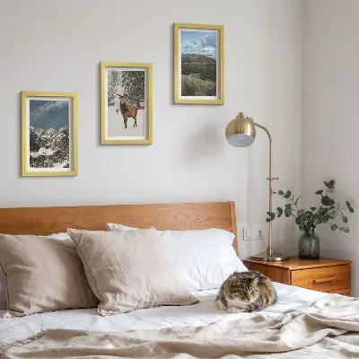 Triptych v ráme hory so snehom, jelene v lese a krajinky