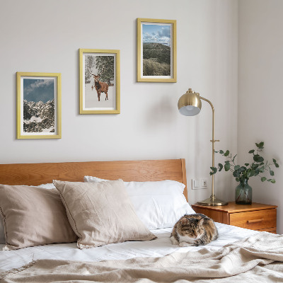 Triptych v ráme Hory so snehom, jelene v lese, krajinky