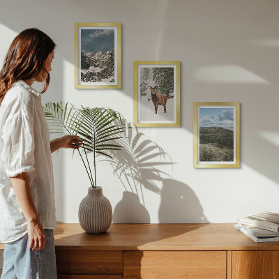 Triptych v ráme Hory so snehom, jelene v lese, krajinky