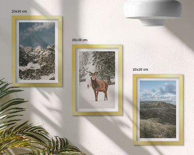 Triptych v ráme Hory so snehom, jelene v lese, krajinky
