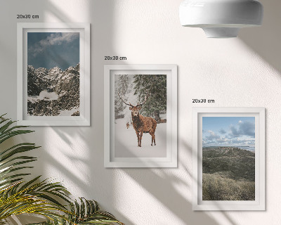 Triptych v ráme Hory so snehom, jelene v lese, krajinky