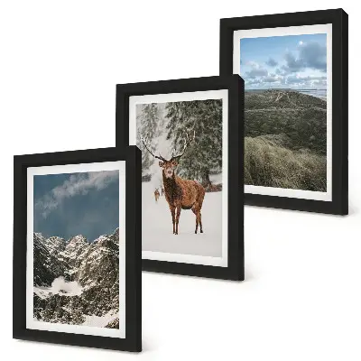 Triptych v ráme hory so snehom, jelene v lese a krajinky