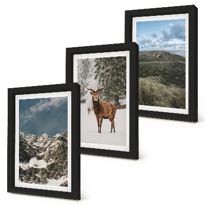 Triptych v ráme Hory so snehom, jelene v lese, krajinky