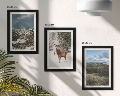 Triptych v ráme Hory so snehom, jelene v lese, krajinky