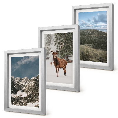 Triptych v ráme Hory so snehom, jelene v lese, krajinky