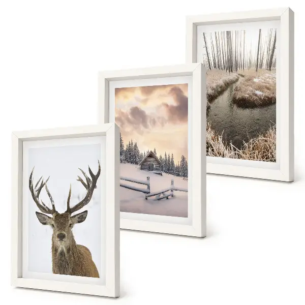 Zimná krajina s jeleňou búdou a potokom triptych v ráme