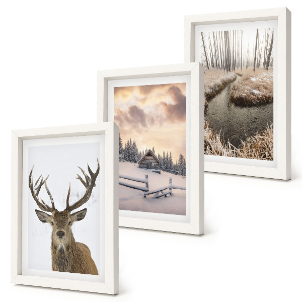 Triptych v ráme Zimná krajina s jeleňou búdou a potokom