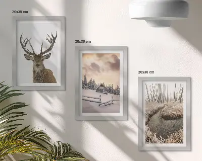 Zimná krajina s jeleňou búdou a potokom triptych v ráme