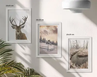 Zimná krajina s jeleňou búdou a potokom triptych v ráme